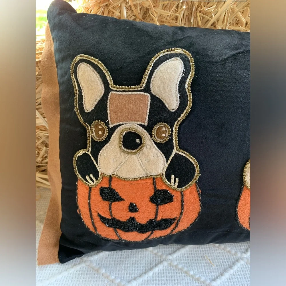Halloween Decor Pillow Puppy Frenchies in Pumpkins- NWT